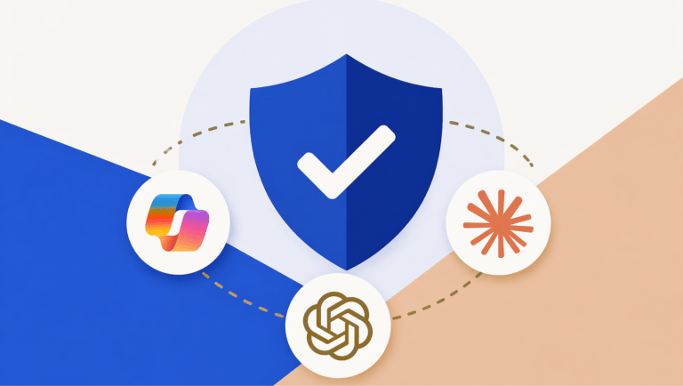 Illustration featuring a blue shield with a checkmark at the center, connected by dotted lines to Microsoft 365 Copilot, OpenAI, and Claude logos, representing AI governance and approved tools in Microsoft 365.