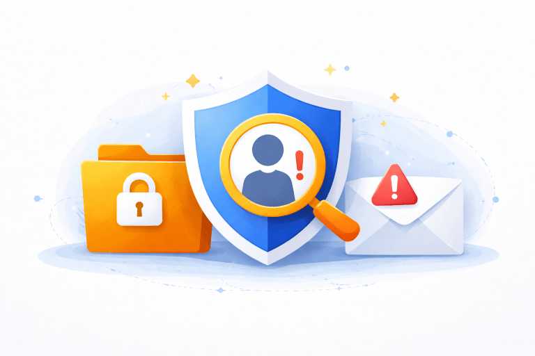Illustration of cybersecurity and data protection symbols, including a locked folder, blue shield, magnifying glass over a user icon, and warning envelope, representing Microsoft Purview Insider Risk Management.