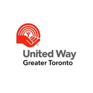 The image shows the United Way Greater Toronto logo, featuring a red hand cradling a circular design with a human figure at the center. Below the symbol, the text reads United Way in bold gray letters, with Greater Toronto in smaller black letters underneath.