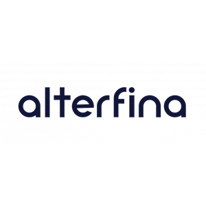 The image shows the Alterfina logo, featuring the word alterfina in lowercase dark blue rounded font on a white background.
