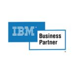Logo featuring the IBM wordmark in white horizontal stripes on a solid blue rectangle, overlapped by a white outlined rectangle containing the words Business Partner in black; clean professional design on a white background representing IBM partnership certification.