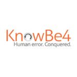 Logo featuring the word KnowBe4 in orange font with a circular metallic design integrated into the letter o; tagline below reads Human error. Conquered. in gray text; modern, clean design on a white background representing a cybersecurity awareness brand.