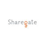 Clean minimalist logo displaying the word Sharegate in lowercase letters; gray font with the letter g highlighted in orange, creating a subtle visual accent on a white background representing a modern software or technology brand.