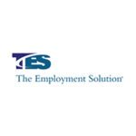 Logo featuring the acronym TES in bold blue gradient letters with a stylized arrow integrated into the design; below it, the text The Employment Solution appears in a classic serif font; simple layout on a white background representing a staffing or recruitment company.