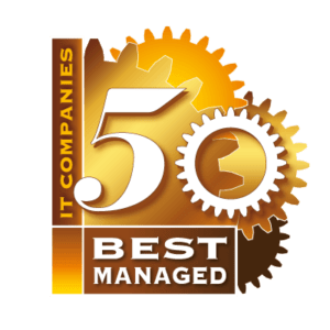 Gold and bronze emblem featuring interlocking gear shapes and large stylized text reading 50 with the surrounding words IT COMPANIES and BEST MANAGED; metallic gradient design conveying achievement and excellence in business or technology management.