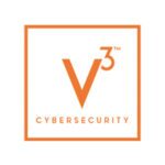 Minimalist logo design with an orange square border enclosing the text V³ in large orange font above the word CYBERSECURITY in smaller uppercase letters; clean white background representing a modern technology or cybersecurity brand.