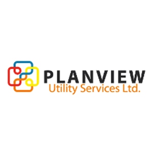 Logo featuring interconnected rounded squares in red, orange, yellow, and blue forming a geometric pattern to the left of the text **PLANVIEW** in bold black letters, with **Utility Services Ltd.** in smaller orange text below — representing **Planview Utility Services Ltd.**, a company specializing in utility mapping and related services.
