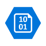 A blue hexagonal icon featuring a white outline of a document with binary numbers 10 and 01.