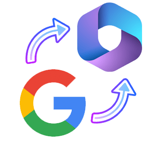 An illustration showing the Google logo and the Microsoft 365 logo connected by two curved arrows; the design represents data or service integration and transfer between Google and Microsoft platforms.