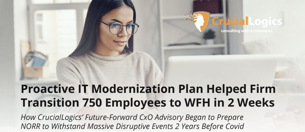 An image showing a woman wearing glasses working on a laptop in a bright home office; the Crucial Logics logo appears at the top, and the text reads Proactive IT Modernization Plan Helped Firm Transition 750 Employees to WFH in 2 Weeks – How Crucial Logics’ Future-Forward CxO Advisory prepared NORR to withstand massive disruptive events two years before COVID.