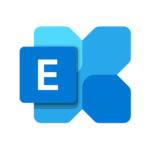 A blue geometric icon representing Microsoft Exchange; the design features a bold white letter E on a dark blue square layered over abstract blue shapes, symbolizing communication and email services.