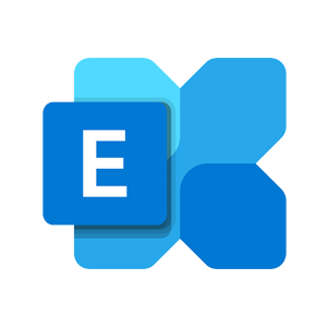 A blue geometric icon representing Microsoft Exchange; the design features a bold white letter E on a dark blue square layered over abstract blue shapes, symbolizing communication and email services.