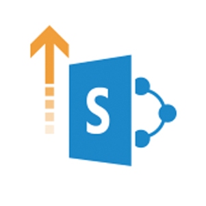 A blue SharePoint logo featuring the letter S with an orange upward arrow beside it; the design represents data migration, cloud integration, or upgrading to SharePoint Online.