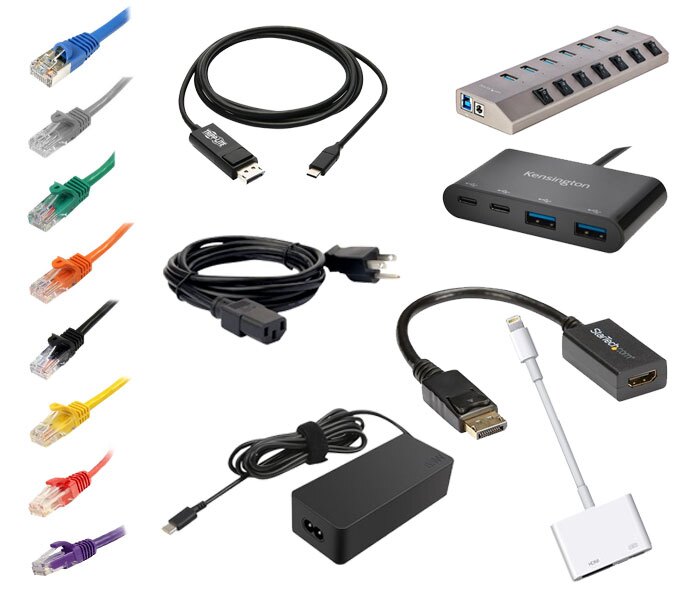 An image displaying various computer cables and adapters, including colored Ethernet cables, HDMI and USB connectors, power cords, charging adapters, and USB hubs, representing common IT accessories and connectivity tools.