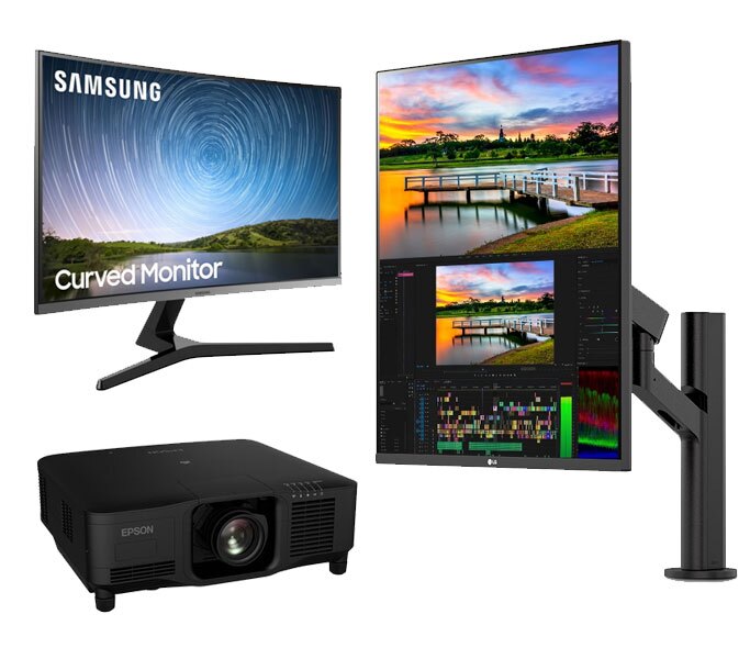 An image showing display and presentation equipment including a Samsung curved monitor, an LG vertical monitor on an adjustable mount, and an Epson projector — representing modern display technology for office or creative use.