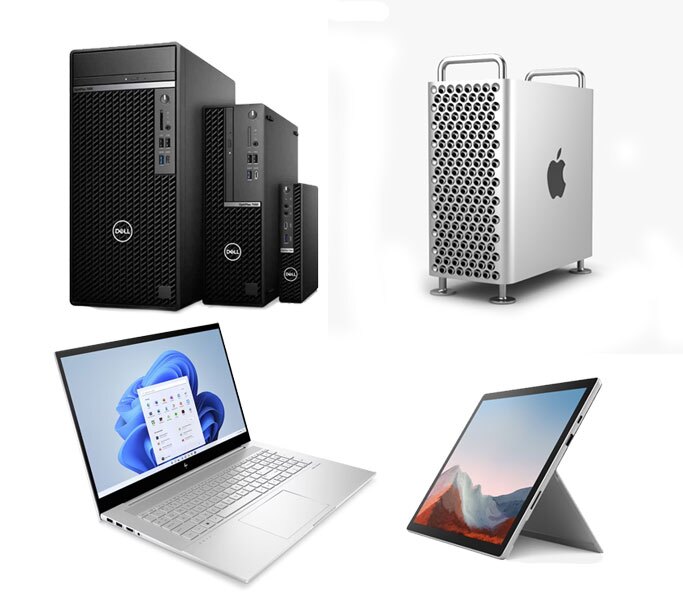 An image featuring various computers including Dell desktop towers, an Apple Mac Pro, a laptop running Windows, and a touchscreen tablet on a stand, representing a range of modern computing devices for work and creativity.