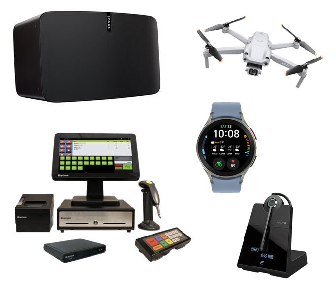 An image showing a collection of modern electronic devices including a drone, a smartwatch, a wireless headset, a speaker, and a point-of-sale system with a barcode scanner and receipt printer, representing advanced technology and smart office or retail equipment.