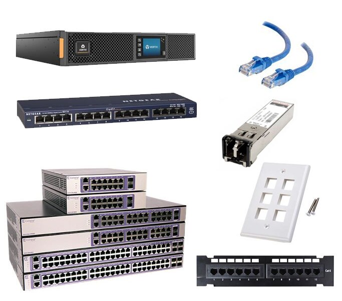 An image displaying various networking equipment and accessories including Ethernet switches, patch panels, blue network cables, a fiber transceiver module, a wall plate, and a rack-mounted power unit, representing components used for IT network infrastructure.