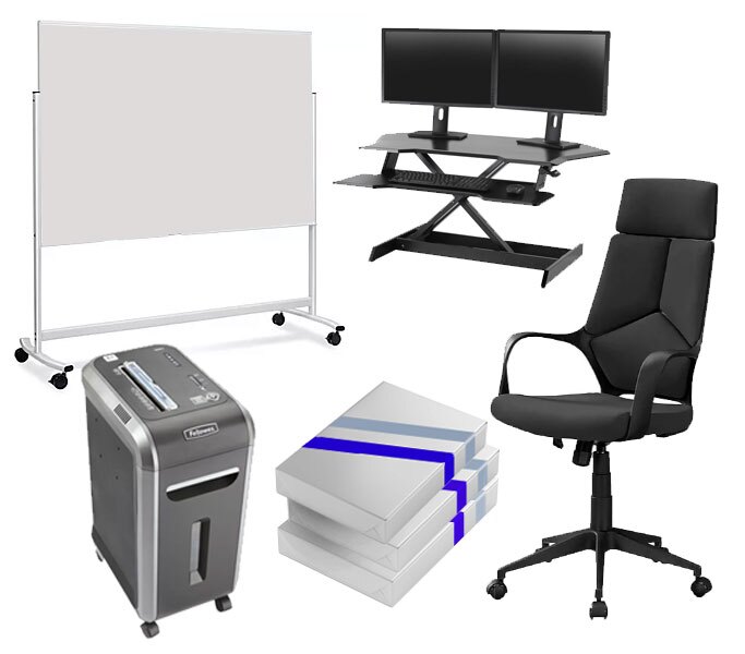 An image showing various office supplies and furniture including a rolling whiteboard, dual monitor standing desk, black office chair, paper shredder, and stacks of printer paper, representing essential office equipment.