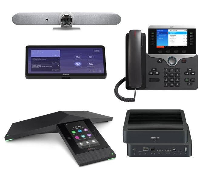 An image showing various communication and conferencing devices including a webcam, conference phone, touch control panel, desktop IP phone, and a small form-factor computer, representing modern video conferencing and unified communication equipment.