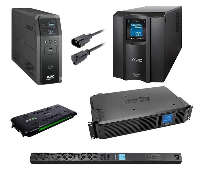 An image displaying various power management and backup devices, including APC and Tripp Lite UPS units, power distribution units, surge protectors, and power cables, representing equipment used for protecting and managing electrical power in IT systems.