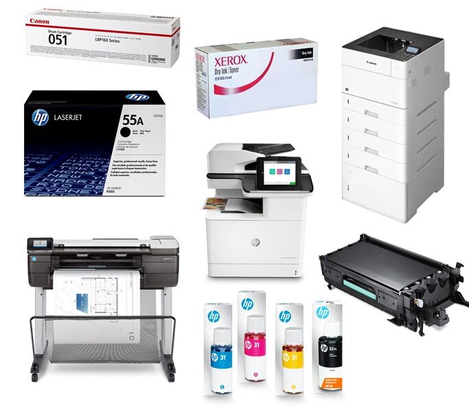 An image showing various printing equipment and supplies, including HP and Canon printers, Xerox toner, HP ink cartridges, printer drums, and large-format plotters, representing office printing hardware and consumables.