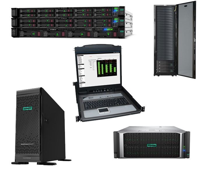 An image displaying various server equipment including rack-mounted servers, a full server cabinet, a tower server, a storage server, and a monitoring console with a built-in keyboard and screen, representing data center or enterprise IT infrastructure.