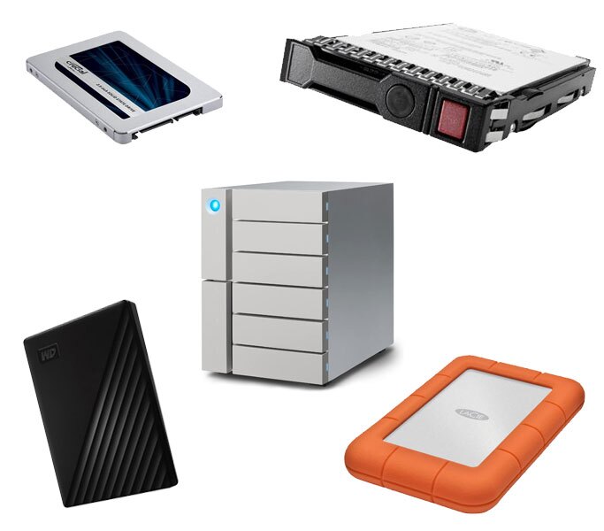 An image showing different types of computer storage devices, including solid-state drives, hard drives, external portable drives, and a large multi-bay storage unit, representing various data storage solutions.