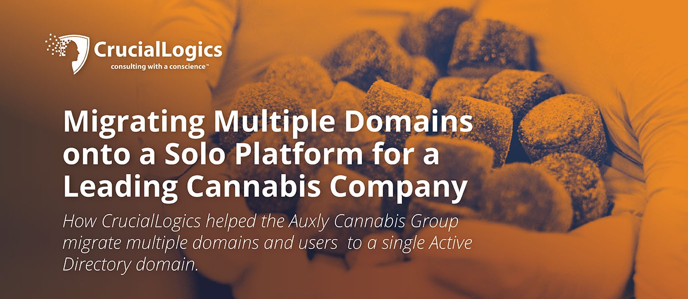 A background image of packaged products appears behind text describing a Crucial Logics case study. The text highlights how the company helped the Auxly Cannabis Group migrate multiple domains and users to a single Active Directory domain.