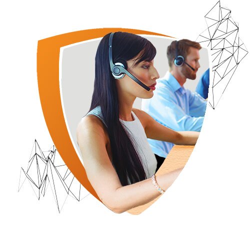 A woman and a man wearing headsets work at computers in a call center. The image is framed within an orange and white shield shape, symbolizing customer support and communication.