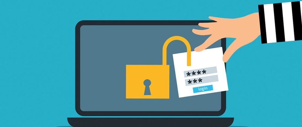 Illustration of a laptop with a yellow unlocked padlock on the screen – a hand in a striped sleeve reaching to steal a password login sheet; concept represents hacking, data theft, or cybersecurity breach.