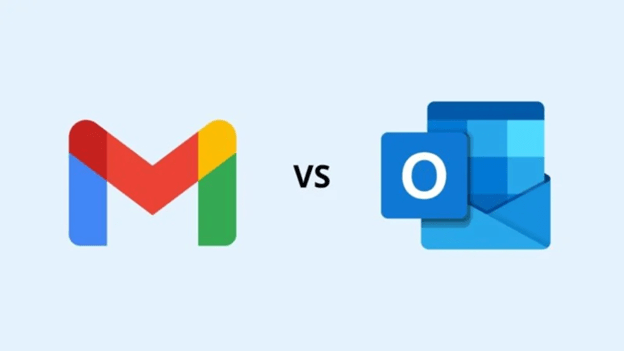 Graphic comparison showing the Gmail logo on the left and the Microsoft Outlook logo on the right, separated by the letters VS, representing a comparison between the two email platforms. The background is light blue for a clean and modern presentation.