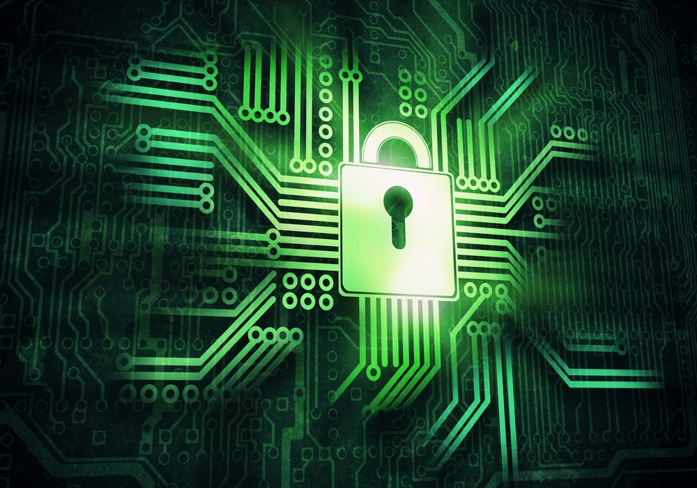 Digital illustration of a glowing green padlock integrated into a circuit board pattern, symbolizing cybersecurity, data encryption, and secure digital systems. The bright lock at the center represents protection of information within a network.