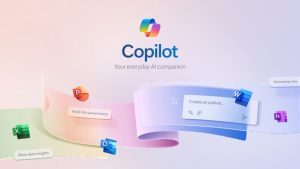 Promotional graphic for Microsoft Copilot with the tagline Your everyday AI companion, featuring the Copilot logo at the top. The design includes colorful ribbons with Microsoft 365 app icons such as Excel, PowerPoint, Outlook, Word, and OneNote, each paired with task prompts like Show data insights, Polish this presentation, and Create an outline, symbolizing AI-assisted productivity.