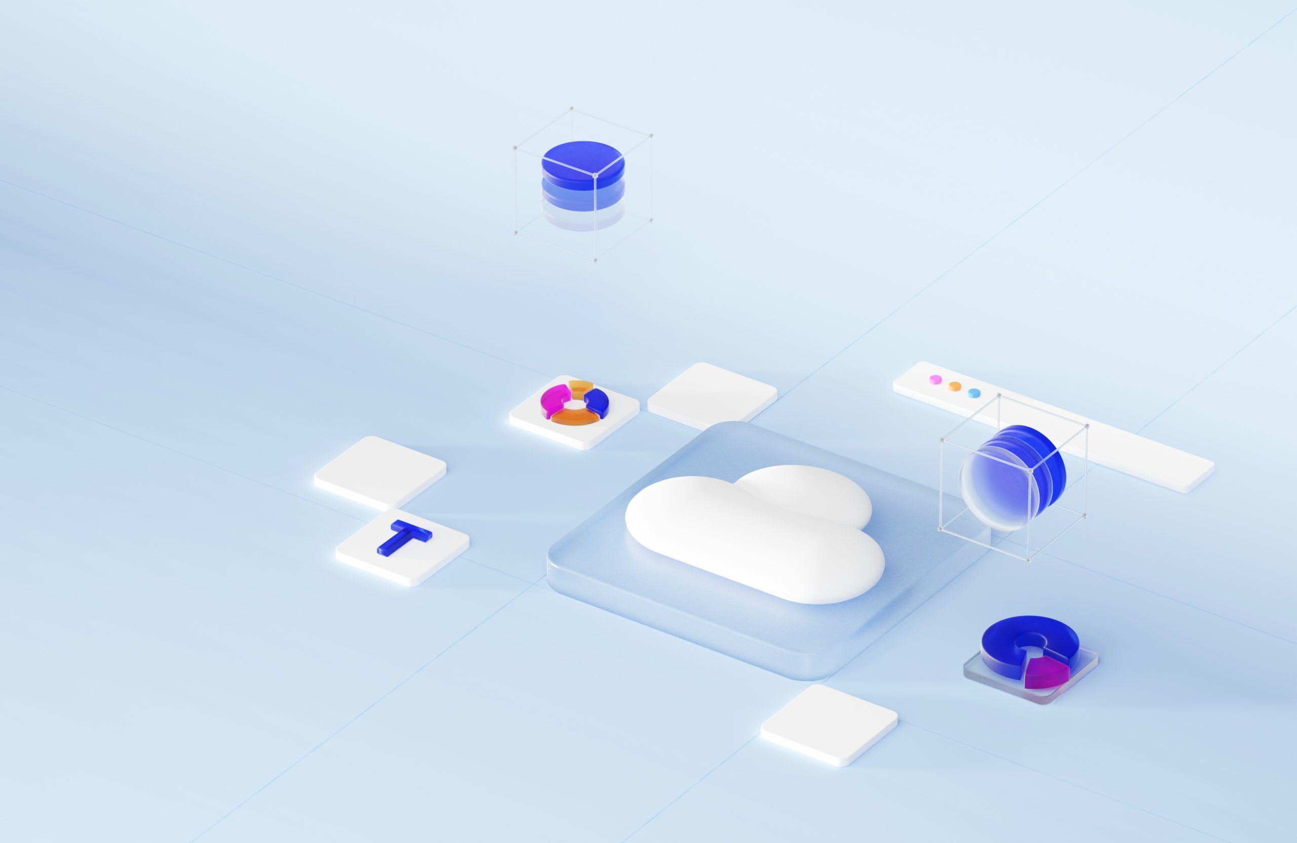 A 3D digital illustration featuring a white cloud icon at the center surrounded by floating data symbols such as databases, charts, and interface elements; representing cloud computing, data storage, and digital analytics.
