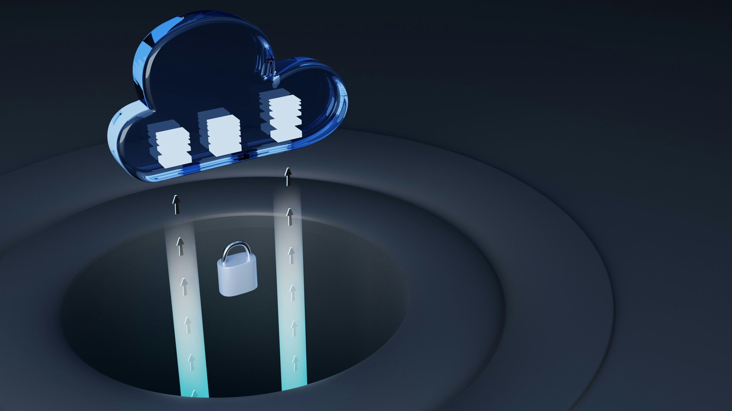 3D illustration of a cloud computing icon with stacked server symbols and a padlock, representing secure data transfer between a cloud and a network.