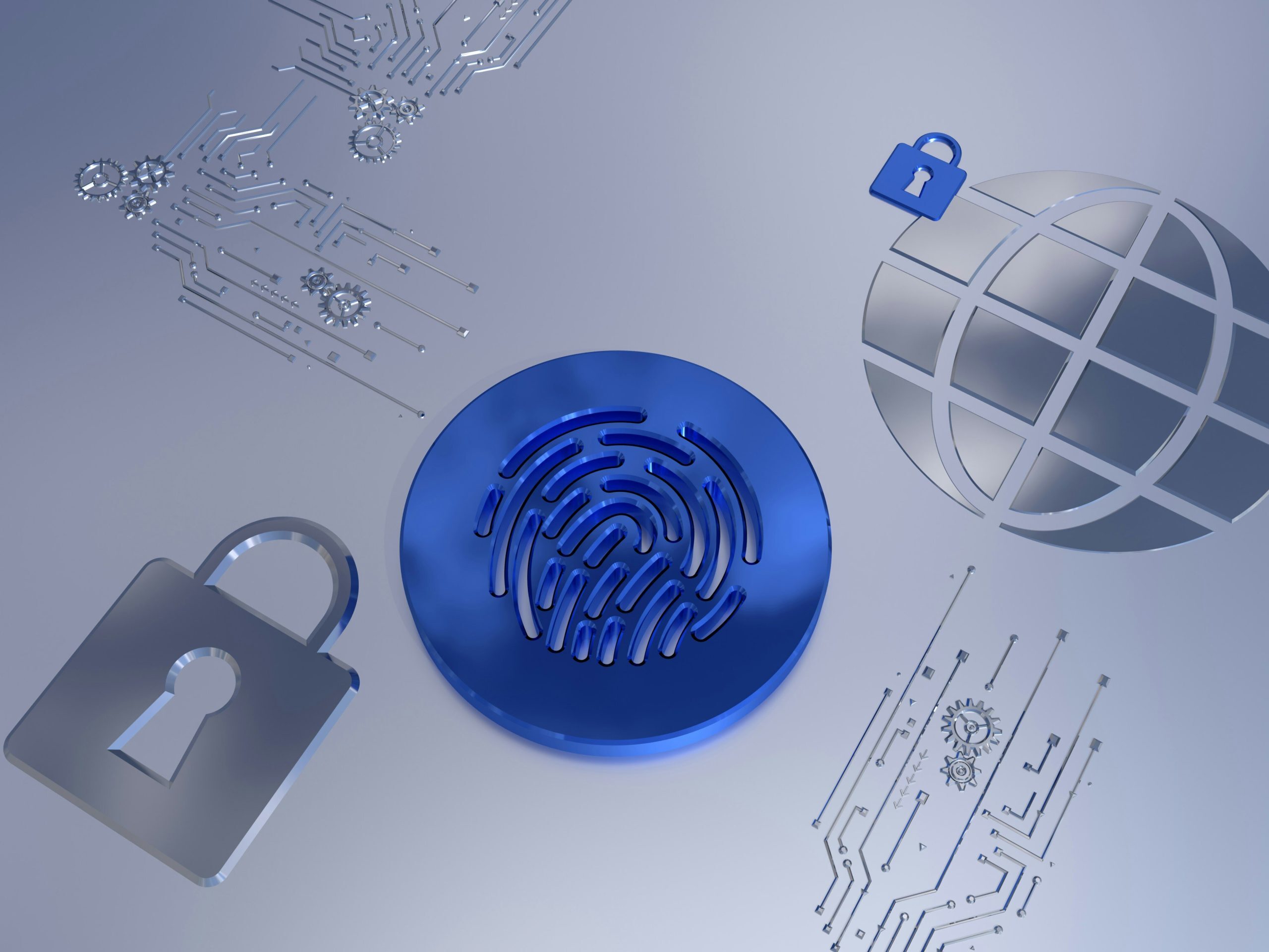 A digital illustration featuring a blue fingerprint icon, padlocks, and a globe connected by circuit lines, symbolizing cybersecurity, digital identity, and secure global communication.