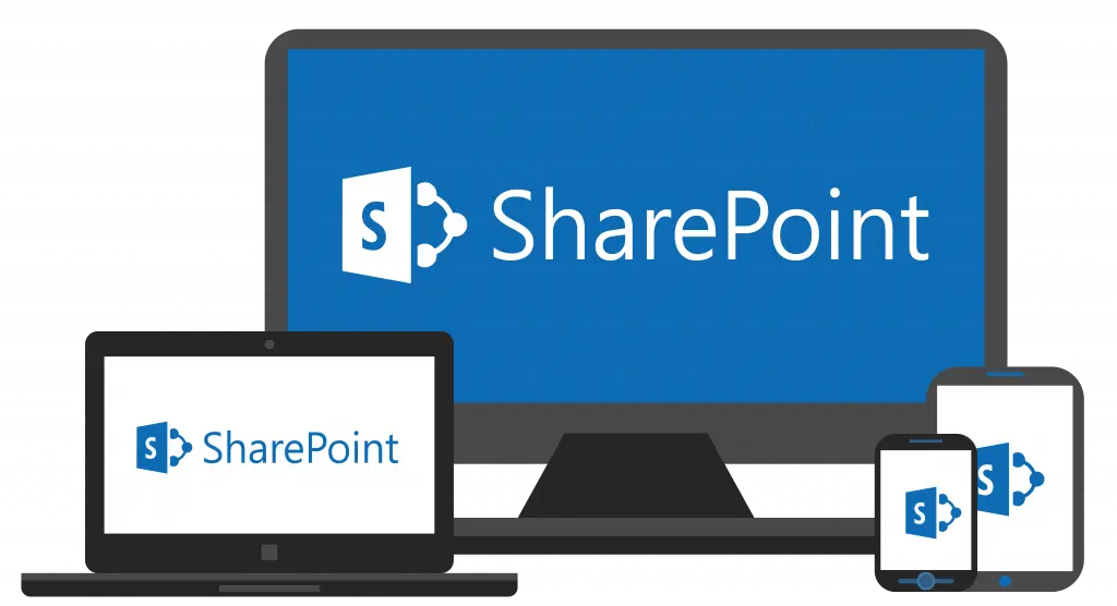 Illustration showing the SharePoint logo displayed on multiple devices including a desktop monitor, laptop, tablet, and smartphone, representing cross-platform accessibility and compatibility of Microsoft SharePoint across different screens.