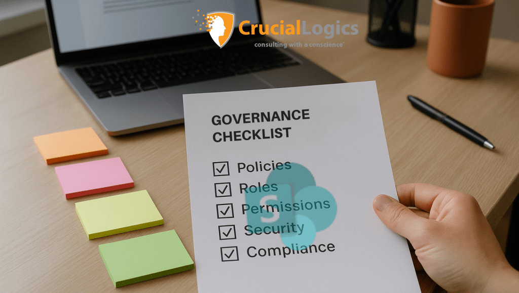 Graphic with SharePoint logo and CrucialLogics branding, featuring orange hexagon icons labeled 'Framework & Policies' against a digital network background, symbolizing structured governance and compliance.
