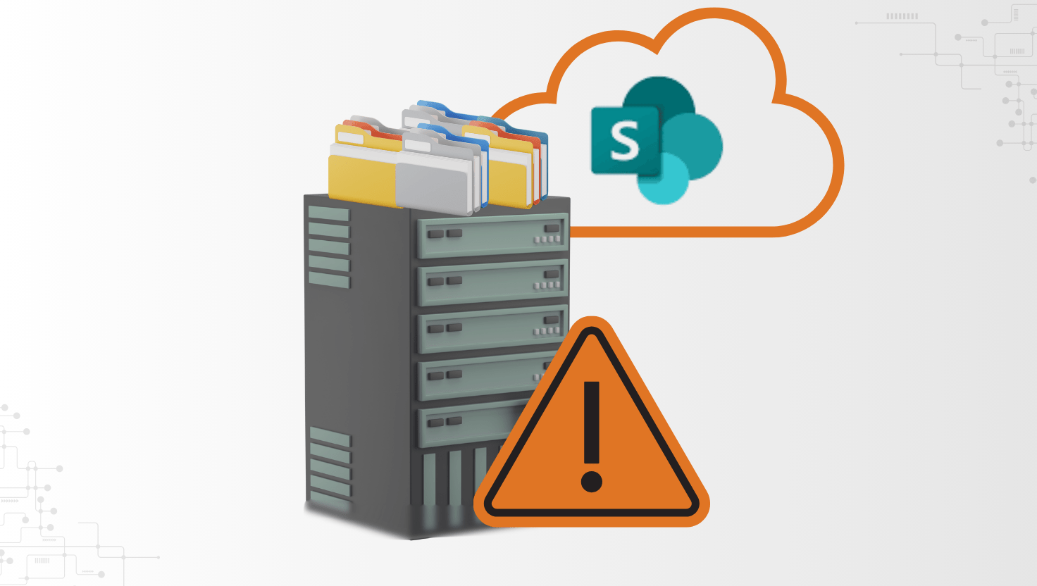 An illustration showing a server tower with file folders on top, connected to a cloud containing the Microsoft SharePoint logo and a large orange warning triangle with an exclamation mark is in the foreground, symbolizing a data or server issue.