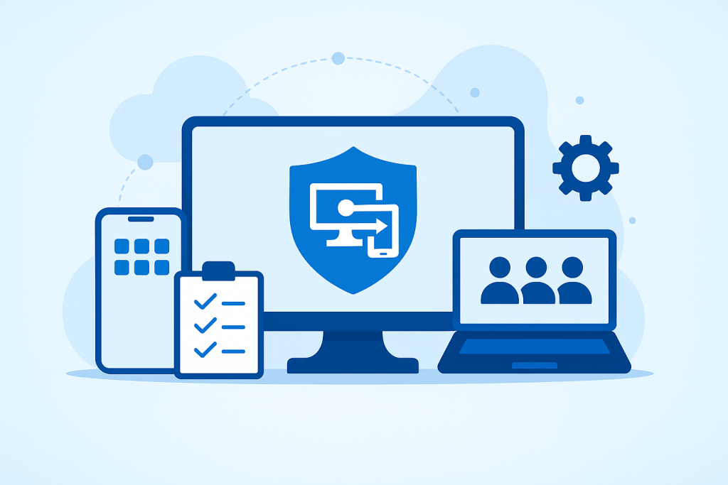 An illustration showing a computer monitor with a security shield icon in the center, surrounded by a smartphone, checklist clipboard, laptop with user icons, and a gear symbol, representing digital security and system management.