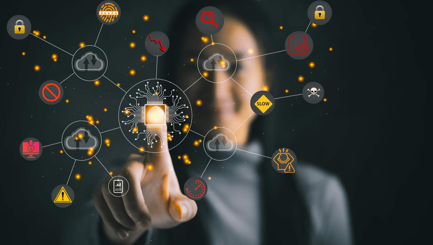 A person touching a glowing digital microchip interface surrounded by icons representing cloud services, security, performance issues, and alerts, illustrating common managed IT challenges.