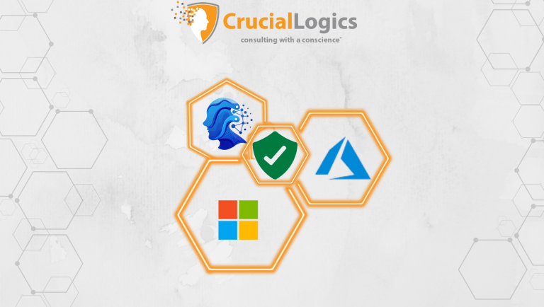 CrucialLogics branding graphic showing the company logo and tagline “consulting with a conscience” above interconnected orange hexagons containing icons for artificial intelligence, security/compliance, Microsoft, and Microsoft Azure.