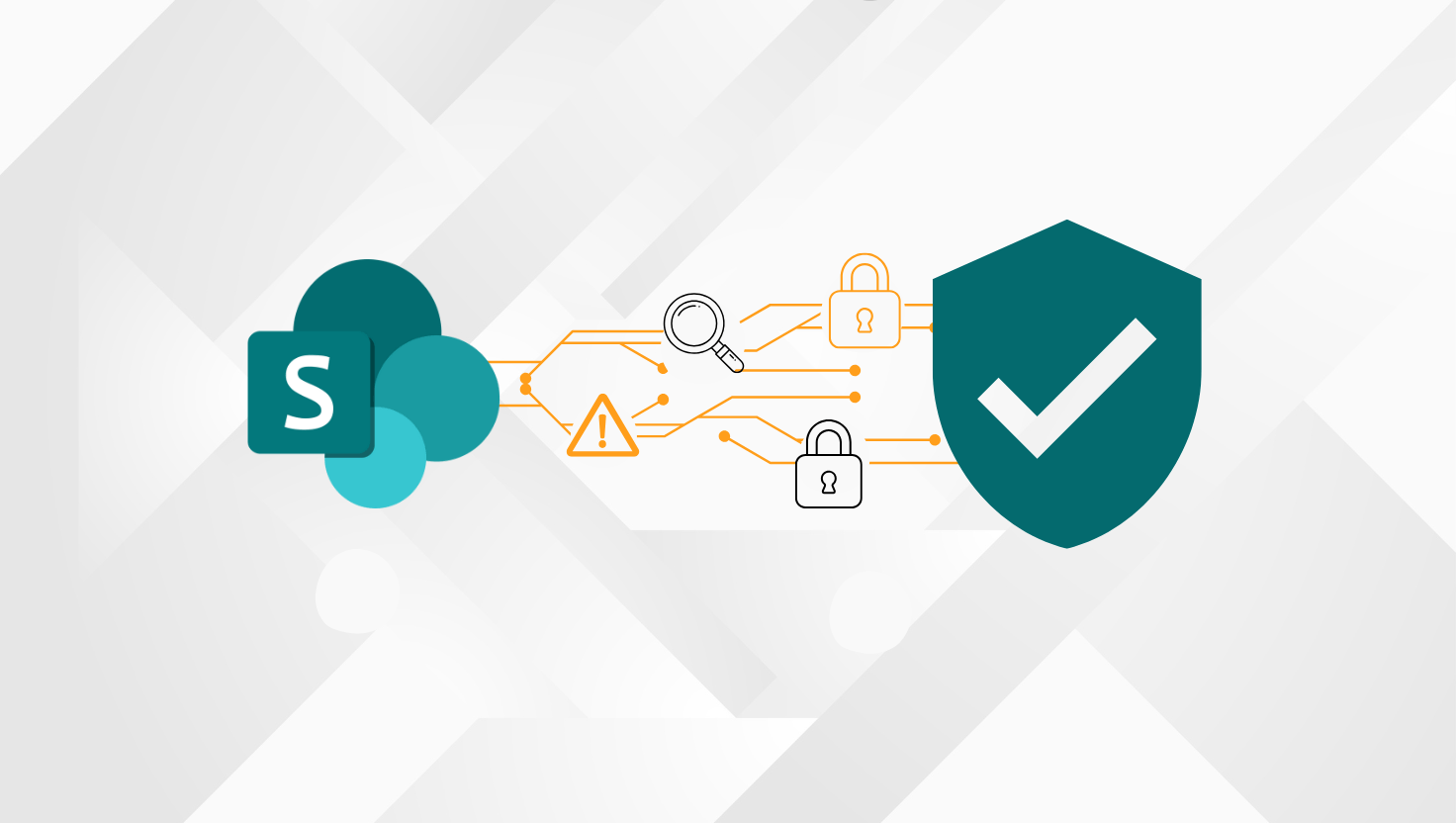 Illustration showing the SharePoint logo on the left connected by circuit-like lines to icons for alerts, locks, and search, leading to a shield with a checkmark on the right, representing secure and compliant data protection in SharePoint.
