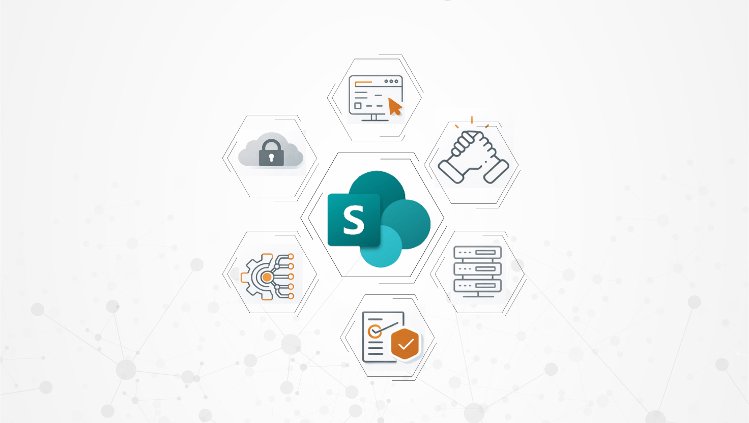 Illustration with the SharePoint logo at the center, surrounded by hexagonal icons representing security, collaboration, automation, data management, compliance, and user interface features on a light, abstract network background.