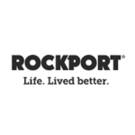 The image shows the Rockport logo, featuring the word ROCKPORT in bold black uppercase letters with the tagline Life. Lived better. in smaller black text below on a white background.