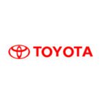 The image shows the Toyota logo, featuring the iconic red oval emblem with overlapping shapes forming a stylized “T” to the left of the word TOYOTA in bold red uppercase letters on a white background.