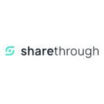 The image shows the Sharethrough logo, featuring a turquoise abstract circular symbol to the left of the word sharethrough written in lowercase black letters on a white background.