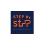 The image shows the Step by Step logo, featuring the words STEP by STEP in orange uppercase letters on a dark blue background. The second STEP is stylized with a stepped design, and smaller text appears below, reading Occupational Therapy Inc.