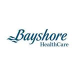 The image shows the Bayshore HealthCare logo, featuring the word Bayshore in elegant blue cursive font with two wavy lines to its left, and the word HealthCare in smaller blue serif font below and to the right.